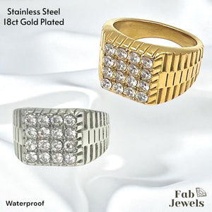 18ct Gold Plated Stainless Steel Ring Waterproof Inlaid Cubic Zirconias