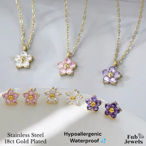 Stainless Steel 18ct Gold Plated Flower Set Necklace Matching Earrings in Pink Purple and White