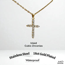 Load image into Gallery viewer, 18ct Gold Plated Cross Pendant with Cubic Zirconia Stainless Steel Necklace
