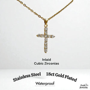 18ct Gold Plated Cross Pendant with Cubic Zirconia Stainless Steel Necklace