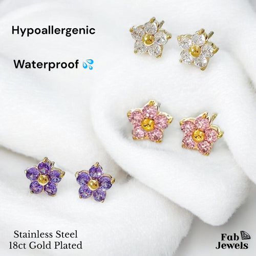 18ct Gold Finish on Stainless Steel Hypoallergenic Stud Flower Earrings in White Pink Purple