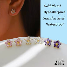 Load image into Gallery viewer, 18ct Gold Finish on Stainless Steel Hypoallergenic Stud Flower Earrings in White Pink Purple