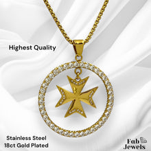 Load image into Gallery viewer, 18ct Gold Plated on Stainless Steel Statement Maltese Cross Set with Inlaid Cubic Zirconias Pendant Hypoallergenic Earrings Rolo Chain