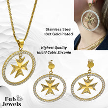 Load image into Gallery viewer, 18ct Gold Plated on Stainless Steel Statement Maltese Cross Set with Inlaid Cubic Zirconias Pendant Hypoallergenic Earrings Rolo Chain