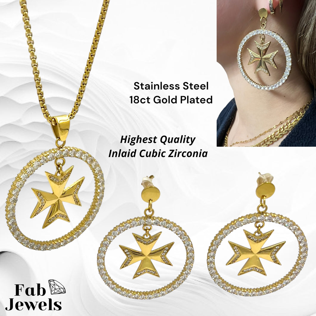 18ct Gold Plated on Stainless Steel Statement Maltese Cross Set with Inlaid Cubic Zirconias Pendant Hypoallergenic Earrings Rolo Chain