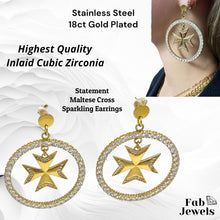 Load image into Gallery viewer, 18ct Gold Plated on Stainless Steel Statement Maltese Cross Set with Inlaid Cubic Zirconias Pendant Hypoallergenic Earrings Rolo Chain