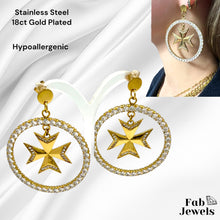 Load image into Gallery viewer, 18ct Gold Plated on Stainless Steel Statement Maltese Cross Set with Inlaid Cubic Zirconias Pendant Hypoallergenic Earrings Rolo Chain