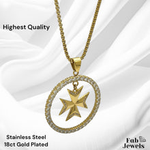 Load image into Gallery viewer, 18ct Gold Plated on Stainless Steel Statement Maltese Cross Set with Inlaid Cubic Zirconias Pendant Hypoallergenic Earrings Rolo Chain