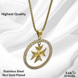 18ct Gold Plated on Stainless Steel Statement Maltese Cross Set with Inlaid Cubic Zirconias Pendant Hypoallergenic Earrings Rolo Chain