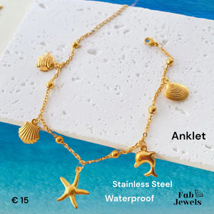 Stainless Steel Charm Dolphin Shell Starfish Anklet Ankle Chain Yellow Gold Plated
