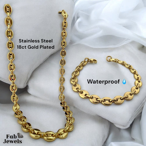 18ct Gold Plated Stainless Steel 7mm Coffee Bean Chain Set Necklace and Matching Bracelet