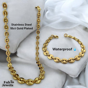 18ct Gold Plated Stainless Steel 7mm Coffee Bean Chain Set Necklace and Matching Bracelet