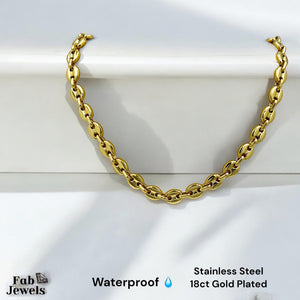 18ct Gold Plated Stainless Steel 7mm Coffee Bean Chain Set Necklace and Matching Bracelet