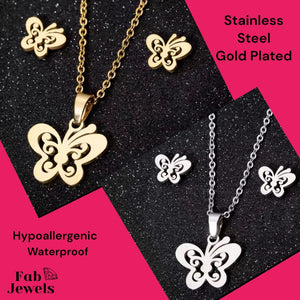 Stainless Steel Butterfly Set Hypoallergenic Earrings and Necklace