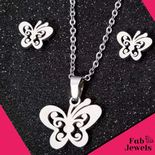 Load image into Gallery viewer, Stainless Steel Butterfly Set Hypoallergenic Earrings and Necklace