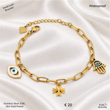 Load image into Gallery viewer, Stainless Steel 316L Waterproof 18ct Gold Plated Maltese Cross Evil Eye Hamsa Hand Charm Luck Bracelet