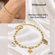 Load image into Gallery viewer, Stainless Steel 316L Waterproof 18ct Gold Plated Maltese Cross Evil Eye Hamsa Hand Charm Luck Bracelet