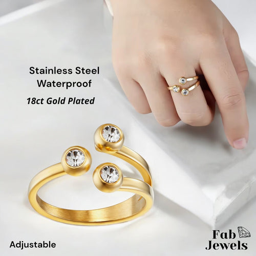 18ct Gold Plated on Stainless Steel Adjustable Ring Waterproof with Cubic Zirconia