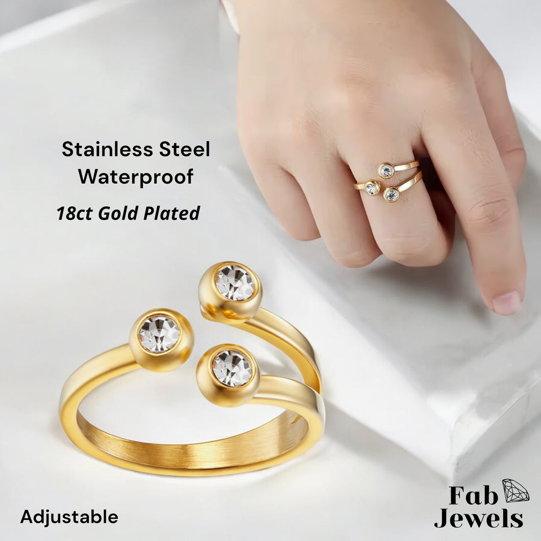 18ct Gold Plated on Stainless Steel Adjustable Ring Waterproof with Cubic Zirconia