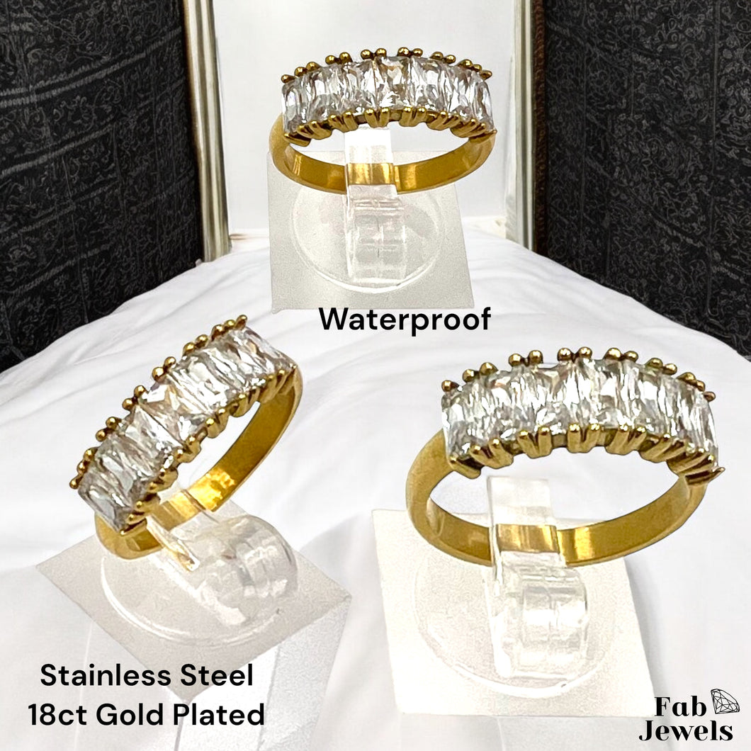 Stainless Steel 18ct Gold Plated Inlaid Cubic Zirconia Waterproof Half Eternity Ring