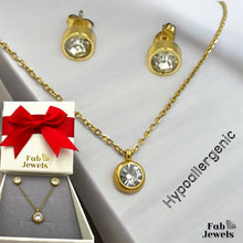 Load image into Gallery viewer, Stainless Steel Yellow Gold Plated Set Necklace with Pendant and Matching Earrings with