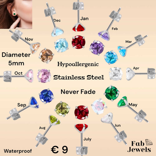 Stainless Steel Hypoallergenic Stud Birthstone Earrings