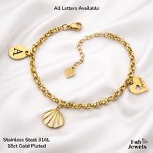 Load image into Gallery viewer, Stainless Steel Yellow Gold Plated NANNA heart Personalised Initial Charm Bracelet with Shell