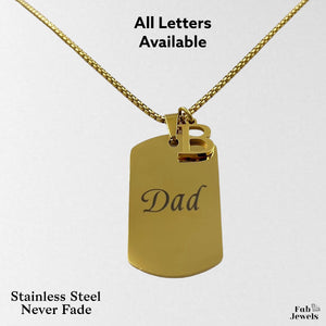 Stainless Steel Yellow Gold Black Engraved Dad Dog Tag Pendant and Initial with Necklace