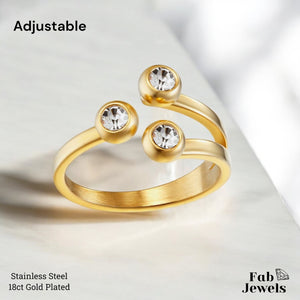 18ct Gold Plated on Stainless Steel Adjustable Ring Waterproof with Cubic Zirconia