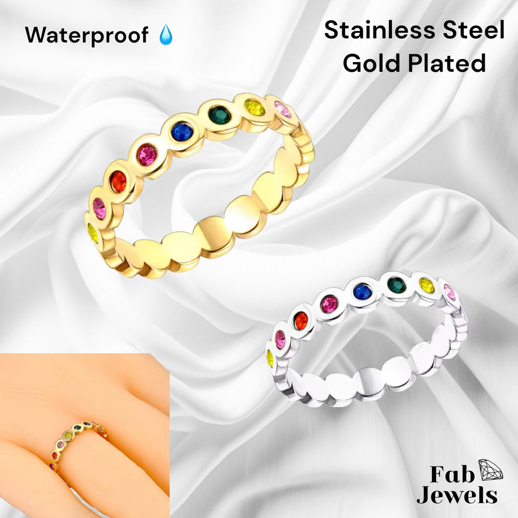 Stainless Steel 18ct Gold Plated Inlaid Multicolour Cubic Zirconia Waterproof Eternity Ring