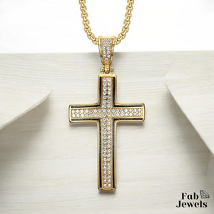 18ct Gold Plated Cross Pendant with Cubic Zirconia Stainless Steel Necklace