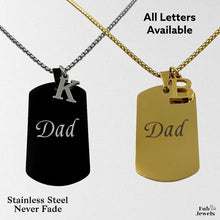 Load image into Gallery viewer, Stainless Steel Yellow Gold Black Engraved Dad Dog Tag Pendant and Initial with Necklace