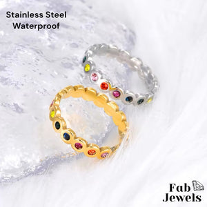 Stainless Steel 18ct Gold Plated Inlaid Multicolour Cubic Zirconia Waterproof Eternity Ring