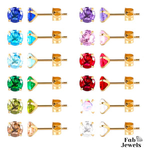 18ct Gold Finish on Stainless Steel Hypoallergenic Stud Birthstone Earrings