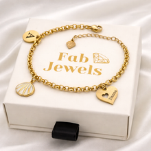 Load image into Gallery viewer, Stainless Steel Yellow Gold Plated NANNA heart Personalised Initial Charm Bracelet with Shell