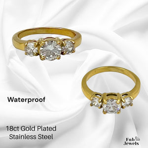 18ct Gold Plated Stainless Steel Waterproof Trilogy Ring with CZ