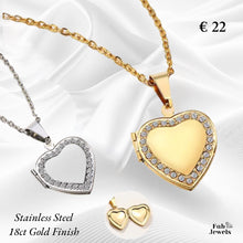 Load image into Gallery viewer, Stainless Steel Yellow Gold Plated Silver Heart Locket with Cubic Zirconia Necklace Included