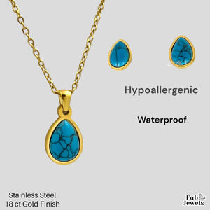 Stainless Steel 18ct Yellow Gold Tear Drop Set with Natural Turquoise Set Necklace Pendant Matching Earrings