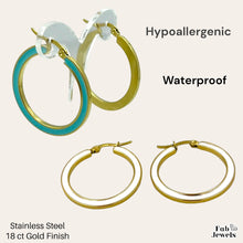 Load image into Gallery viewer, 18 Gold Plated Stainless Steel Hoop Round Earrings with White Turquoise Enamel