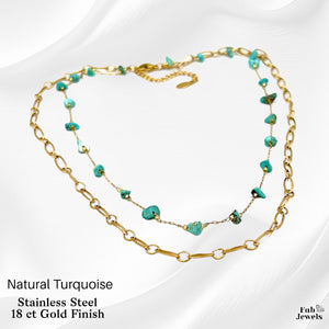Stainless Steel Yellow Gold Plated Set with Natural Turquoise Multi Layered Necklace Matching Bracelet