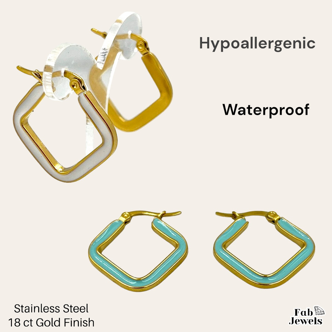 18 Gold Plated Stainless Steel Hoop Earrings with White Turquoise Enamel
