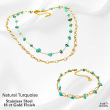 Load image into Gallery viewer, Stainless Steel Yellow Gold Plated Set with Natural Turquoise Multi Layered Necklace Matching Bracelet