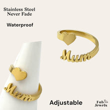 Load image into Gallery viewer, Stainless Steel 18ct Gold Plated Adjustable Mum Heart Ring Waterproof