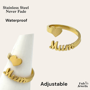 Stainless Steel 18ct Gold Plated Adjustable Mum Heart Ring Waterproof