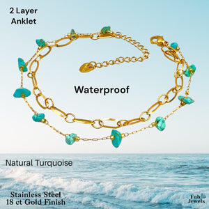 Stainless Steel Gold Plated Double Anklet with Natural Turquoise