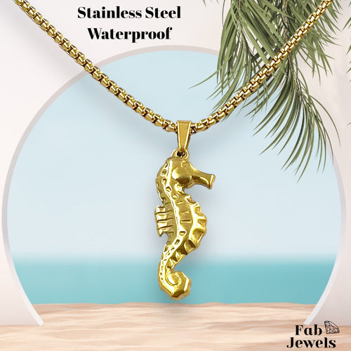 Yellow Gold Plated Stainless Steel Seahorse Charm Pendant with Necklace