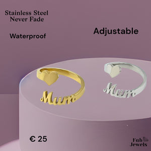 Stainless Steel 18ct Gold Plated Adjustable Mum Heart Ring Waterproof