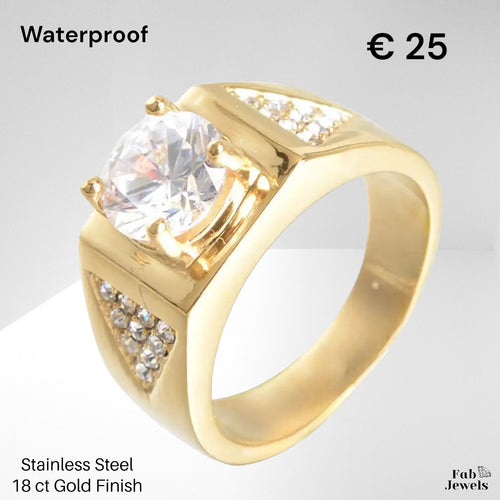18ct Gold Plated on Stainless Steel Waterproof Ring with Cubic Zirconia