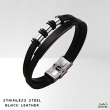 Load image into Gallery viewer, Stylish Leather Black Men’s Multi Layered Bracelet Stainless Steel Bar Gold Silver Black