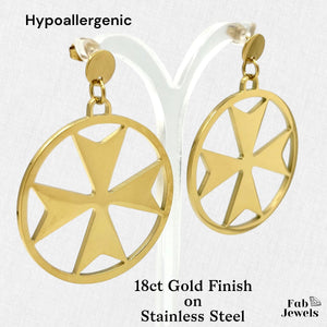 Yellow Gold Plated Maltese Cross Hypoallergenic Large Earrings